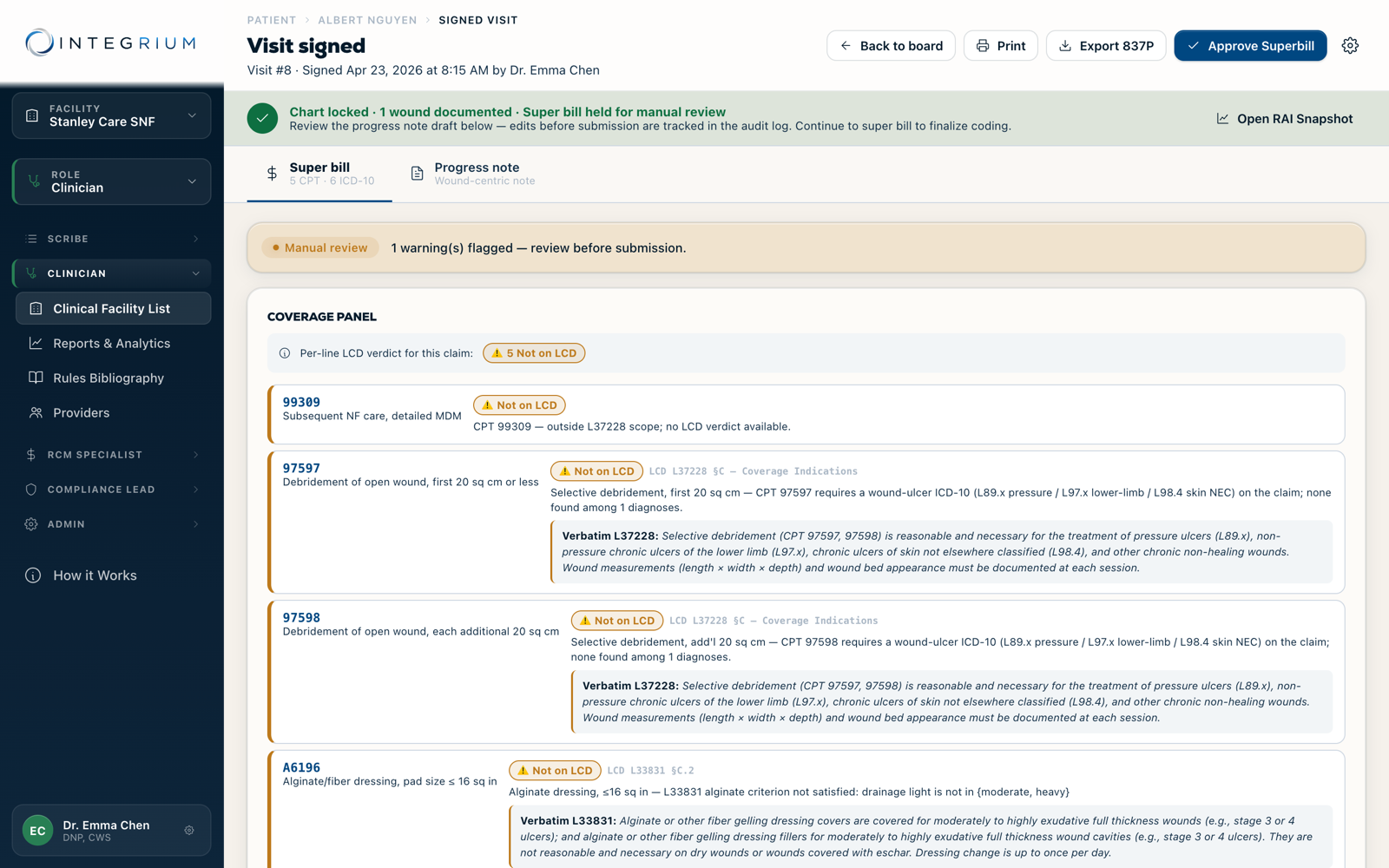 Integrium CORE signed super bill with per-line LCD coverage verdicts and policy citations