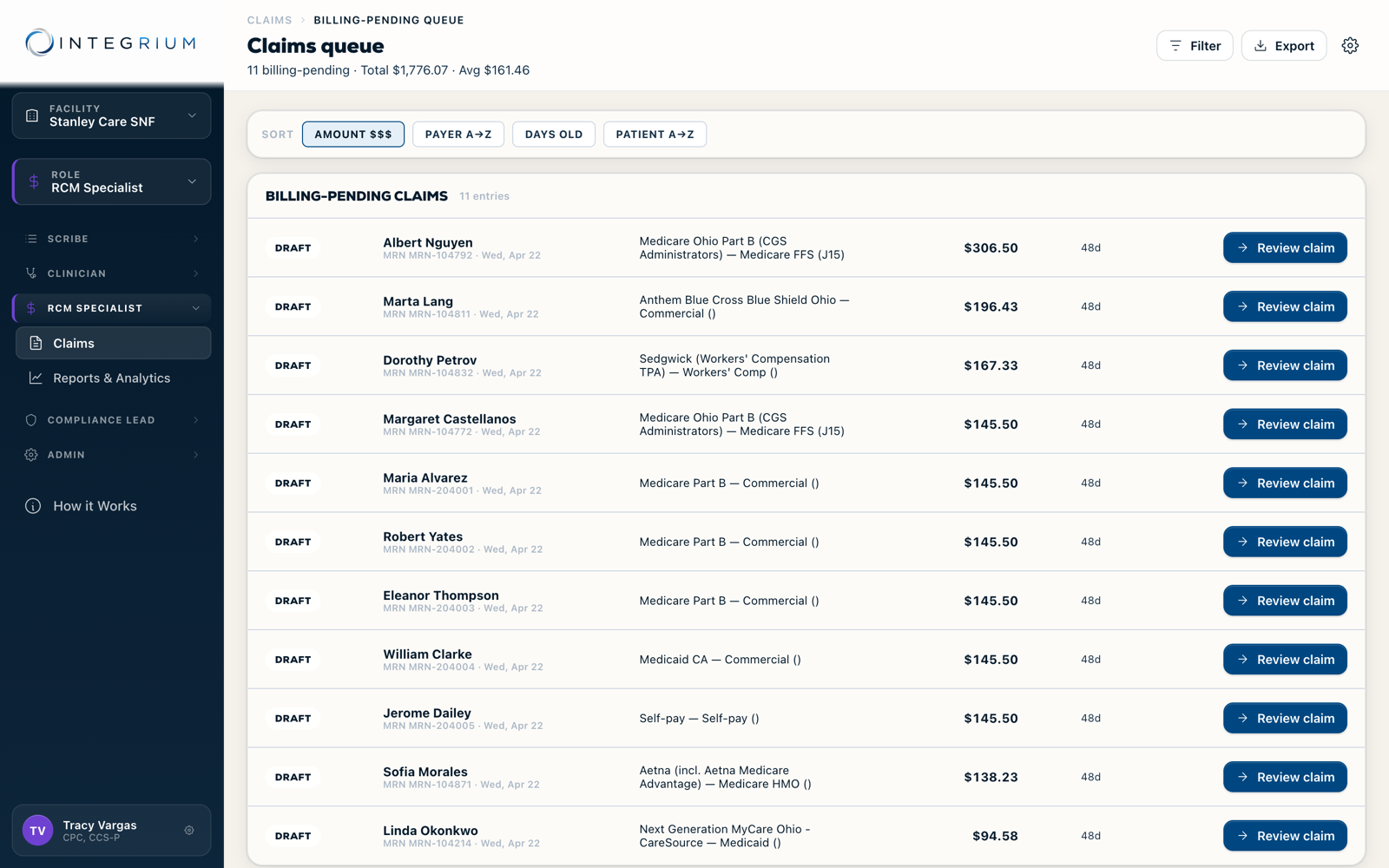 Integrium CORE claims queue listing billing-pending claims by payer with amounts and review actions