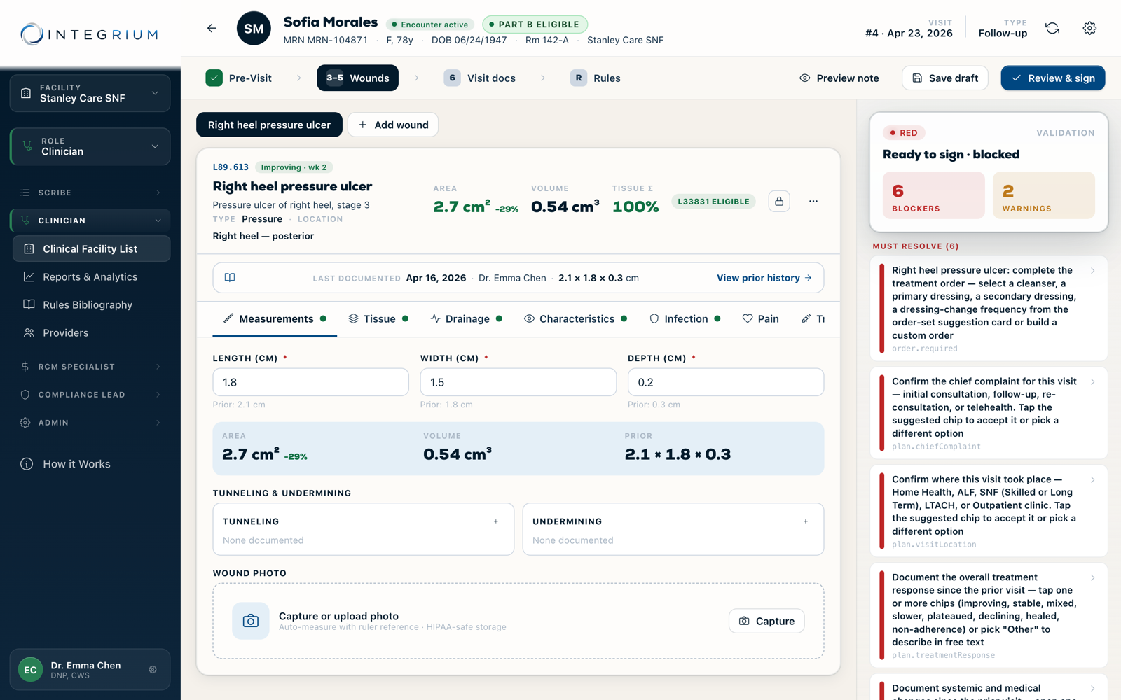 Integrium CORE clinical UI showing structured wound documentation with measurements, coding, and live validation
